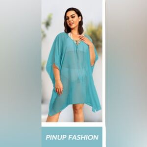 Pinup Fashion Plus Size Swimsuit Cover Up See Through Kaftan Dress Sheer Lace-Up